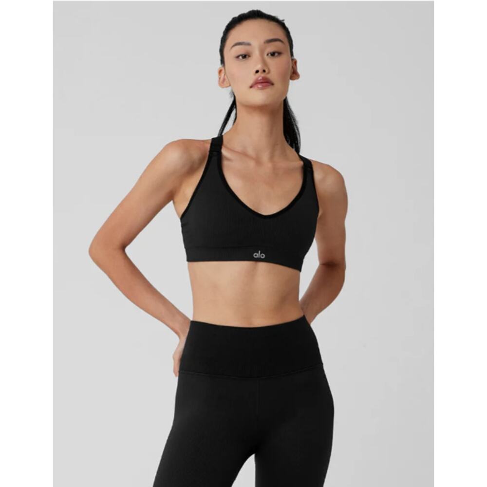 ALO Yoga Seamless Ribbed Favorite Bra Black Size Large